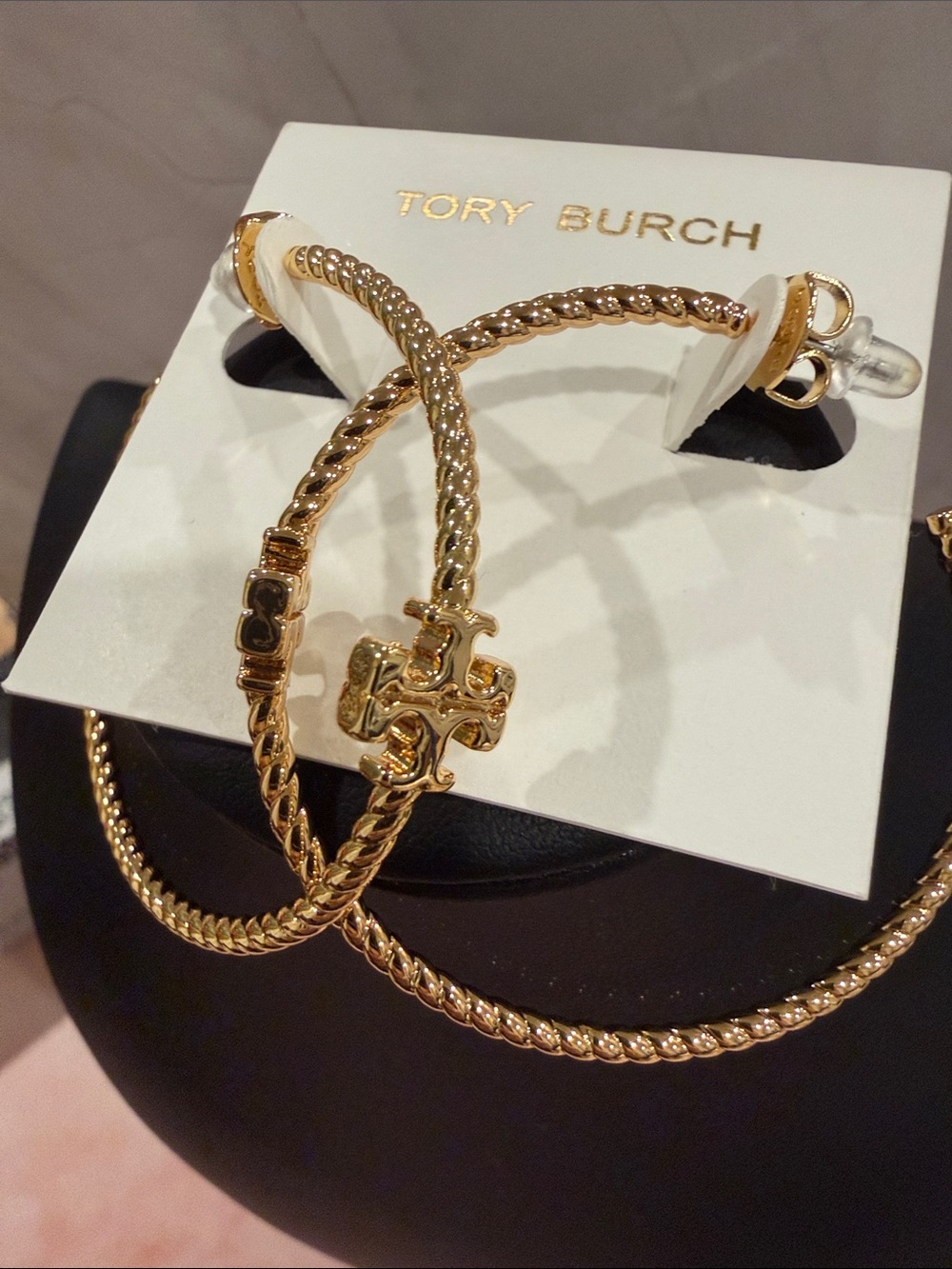 Tory Burch | Twisted Gold Plated & Logo Hoop Earrings | Large